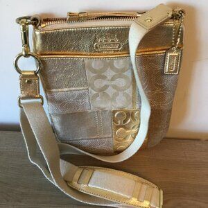 RARE Coach Metallic Gold Leather & Fabric Patchwork Swingpack Crossbody Bag EUC